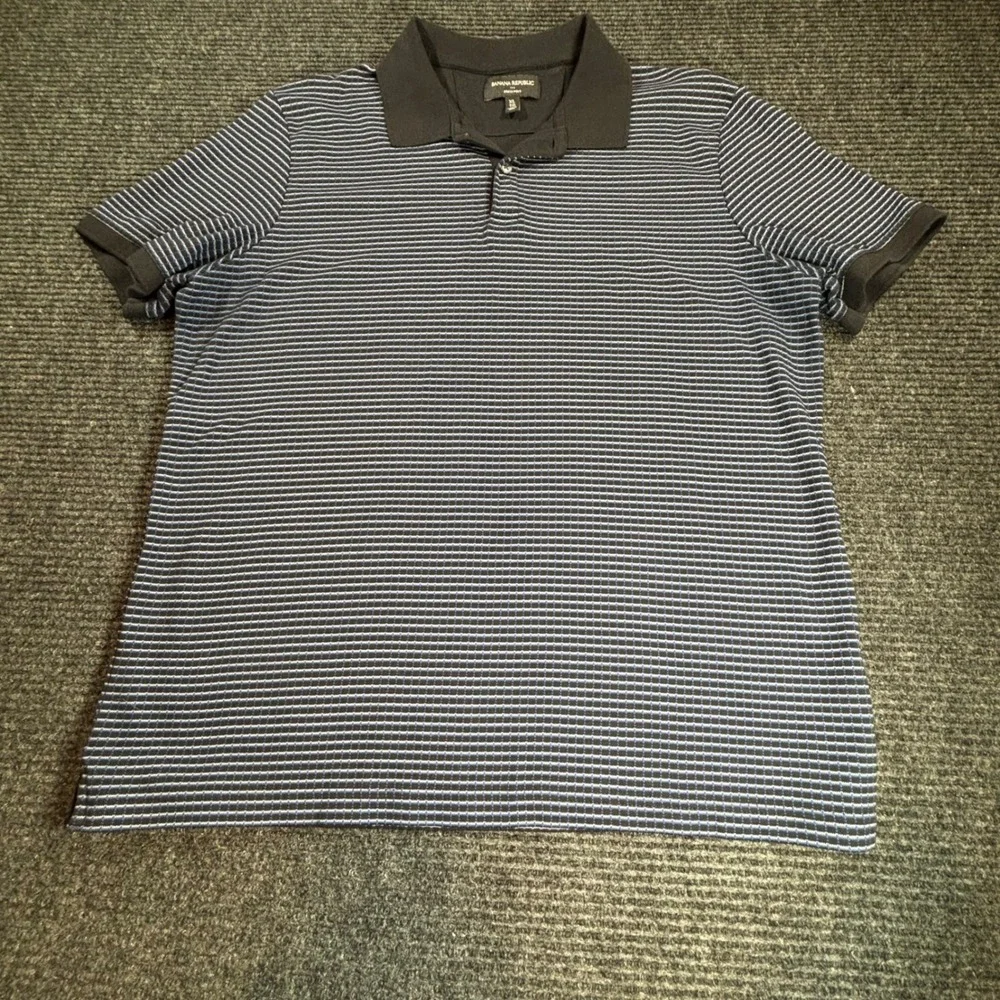 Banana Republic Mens XL Dress Polo Shirt Navy Blue White Micro Stripe Cotton